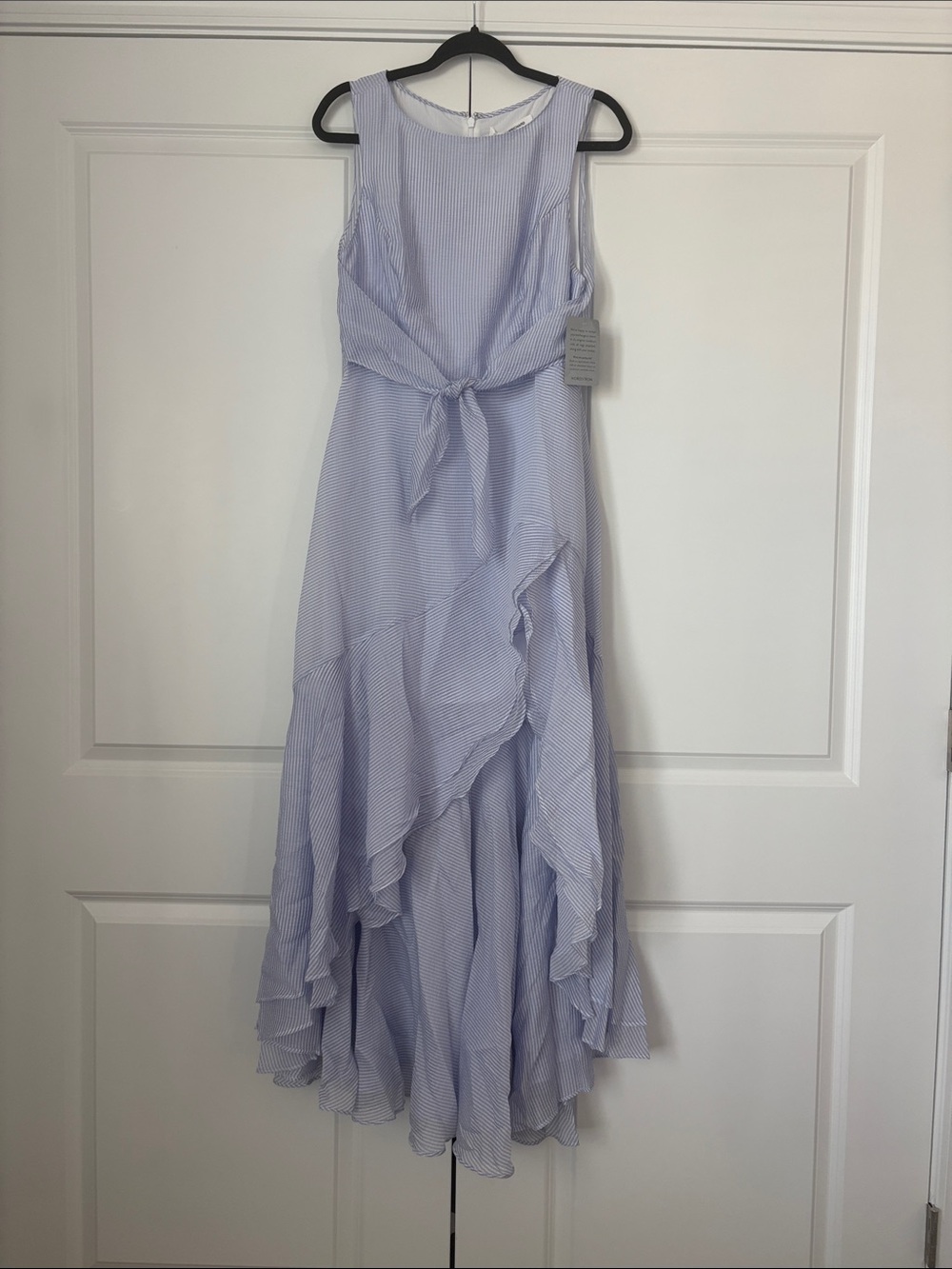Light Blue and White Sleeveless Ruffle Dress with high low hem